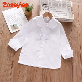 Primavera de Bebê de Menina de Camisa Branca Sólida Bolso Decorativo Polo de Manga Longa Topo Inferior da Camisa