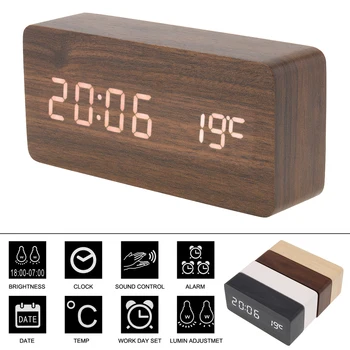Relógio despertador LED de Madeira de Controle de Voz de Tempo de Data de Temperatura Digital de Bambu Retângulo Tabela de Relógios da área de Trabalho