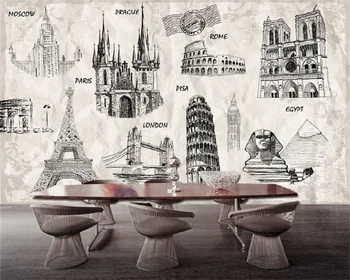 Retro mundo atracções de Paris, Londres, cidade, edifícios de fundo de parede decoração pintura mural, papel de parede papel de parede tapety