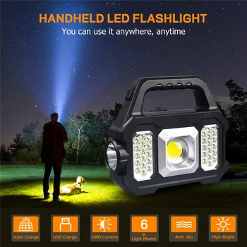 Solar Portátil Lanterna Recarregável Usb Acampamento de Luz Brilhante Super LED Holofote Impermeável Portátil de Emergência, luz do Ponto