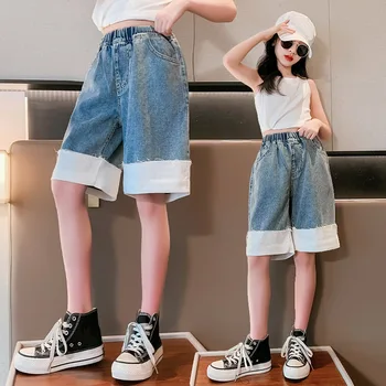 Summer Shorts para Crianças Meninas de Cor Sólida Roupas de Jeans, Shorts, Calças de Elástico da Cintura até o Joelho Jeans Moda na Coreia do sul Adolescente Shorts