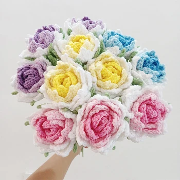 Terminado Mão-de Malha Rosa Buquê de Flores de Crochê feito à mão Falso Tecido de Flores Para o Casamento, Casa, Decoração da Mesa do dia dos Namorados Presente