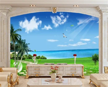 Wellyu papel de parede Personalizado pintura de paisagem à beira-mar coqueiro céu azul de nuvens brancas grama sofá de fundo mural de behang