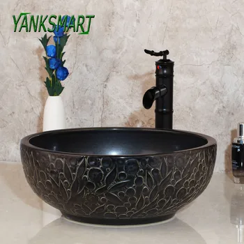 YANKSMART Handmade Art Bacia de Cerâmica Torneira Conjunto de Banheiro Preto Torneira de Lavatório Pia Torneira Misturador de Água Quente e Fria com Torneira Conjuntos