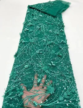 África Nigéria Verde Apliques de Flores em 3D Tecido do Laço de Casamento de Noiva de Tule francês de Luxo Lantejoulas Pérolas Frisada Lace Fabric